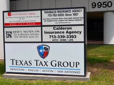 The Texas Tax Group corporate office sign.
