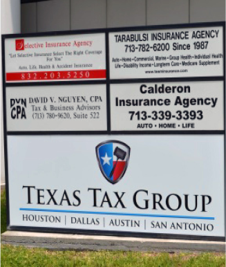 The Texas Tax Group corporate office sign.